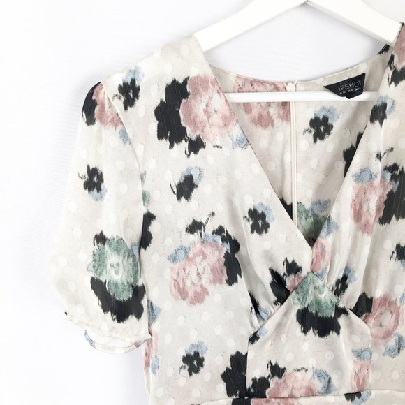 Topshop Floral Polka Dot Tea Dress Puff Ruched Sleeves V-Neck Slip Corset Summer - Picture 4 of 9